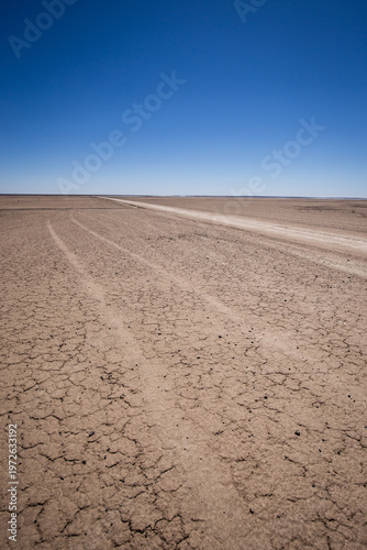 Tableau sur toile Sand road area cutting through the arid and barren Northern Cape landscape en ro