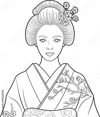 Geisha woman in traditional Japanese kimono with floral hairpin and sakura designs