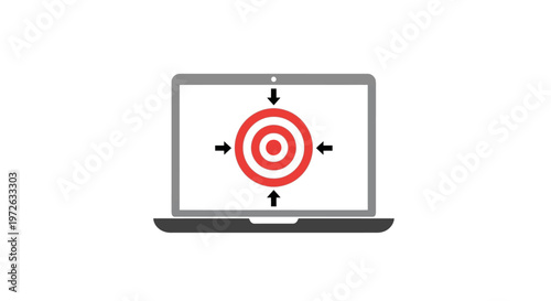 Laptop computer with a target and inward-pointing arrows, symbolizing strategic focus and marketing objective on isolated white background.