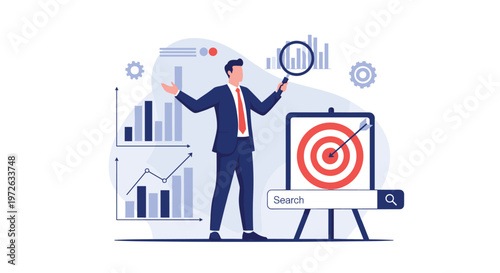 Businessman holding a large magnifying glass while standing next to a target board and a search bar for business goal optimization.