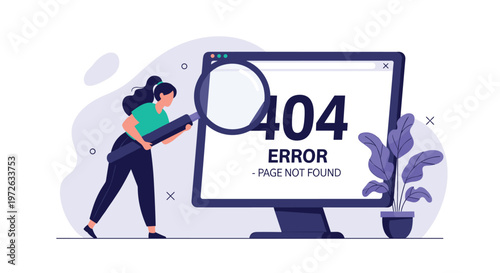 Frustrated woman using a large magnifying glass to inspect a 404 page not found error message on a computer monitor.