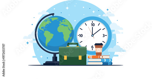 Travel and time concept illustration with globe clock suitcase books and coffee representing journey planning schedule and global exploration theme