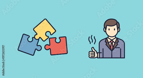 Businessman completing puzzle pieces successfully.
