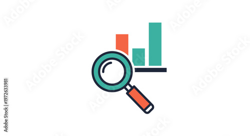 Magnifying glass examining a bar chart, symbolizing detailed data analysis and statistical research on isolated white background.