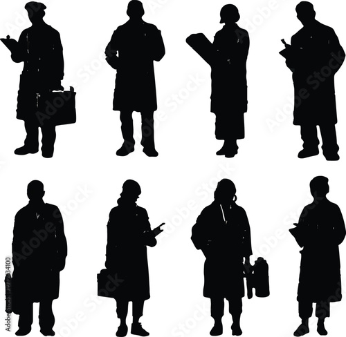 Diverse collection of medical professionals, including doctors and nurses, rendered as stark black silhouettes against a clean white background, symbolizing healthcare worker roles.