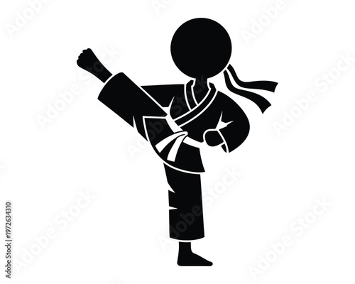 Black silhouette of martial artist performing high kick in karate uniform with belt and sash on transparent background active pose warrior combat training discipline sport.
