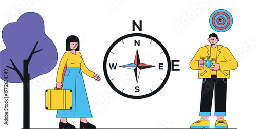 Navigation and direction concept with compass map travelers and destination target illustration for journey planning orientation and travel guidance design