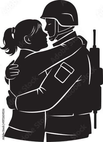 Couple hugging silhouette vector with military man and woman line art emotional departure