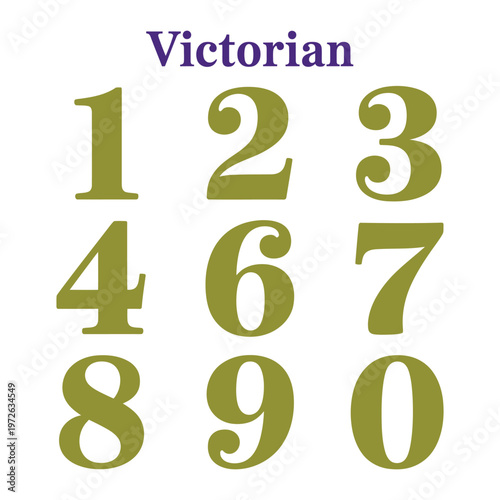 Victorian numbers 1 to 0 in olive green, vintage typography design element for creative projects.