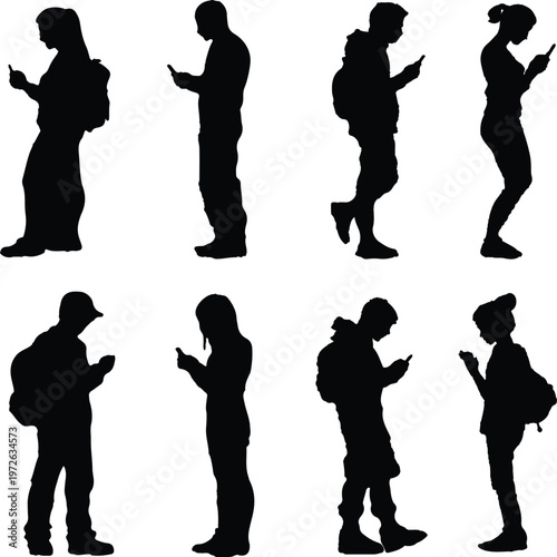 Silhouettes of young adults and teenagers are intently engaged with their smartphones, illustrating the widespread use of mobile technology in modern daily life.