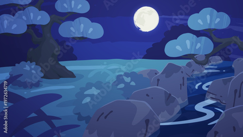 枕草子の夏は夜をイメージした背景イラスト_月_16:9