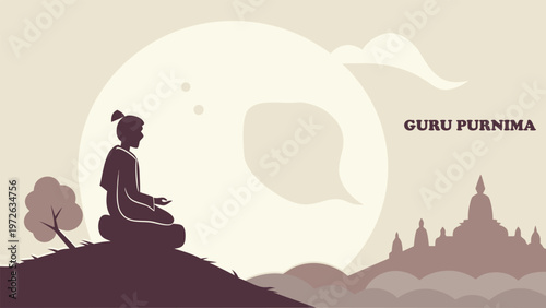 Guru Purnima Spiritual Illustration with Meditating Guru Silhouette and Temple Background