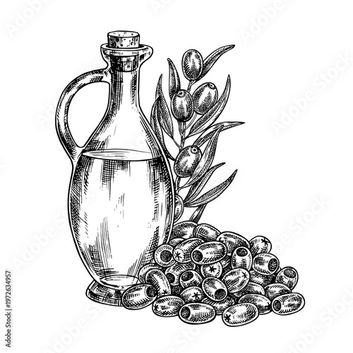 A glass bottle of oil, a handful of pitted olives, and an olive branch. Black and white graphic vector illustration drawn by hand. For menus, recipes, and cookbooks, packaging, labels, and more.