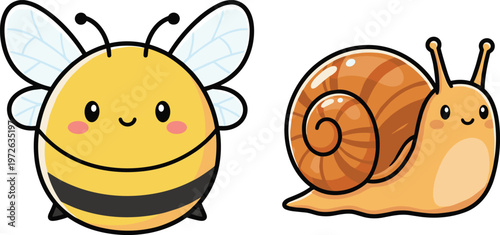Cute chibi honeybee and snail character flat vector garden mascot set