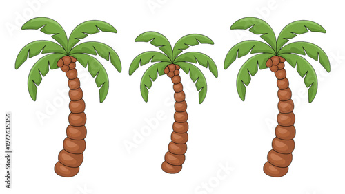 Three palm trees standing in a row with green fronds and brown trunks Vector
