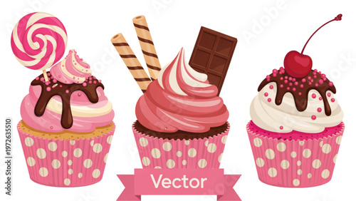 Colorful ice cream cones with assorted toppings and sprinkles Vector