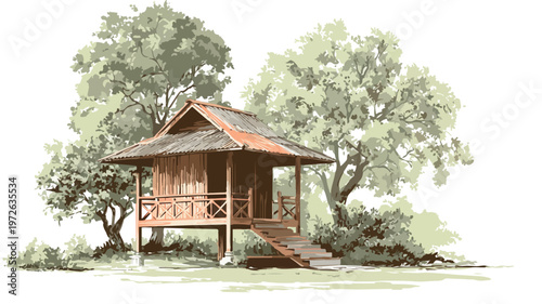 Peaceful Wooden Hut in Natural Park Setting on White Background Vector Illustration