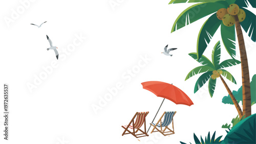 A relaxed beach scene with a person lounging under an umbrella by the sea Vector