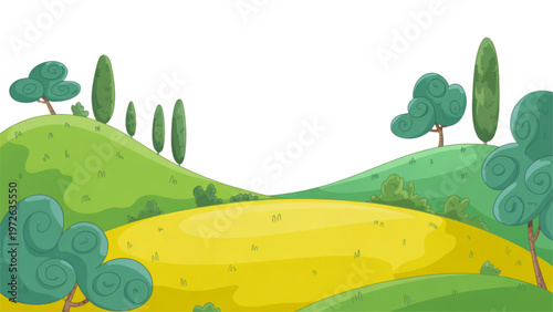 A serene landscape featuring a field of golden yellow flowers with tall trees in the distance Vector