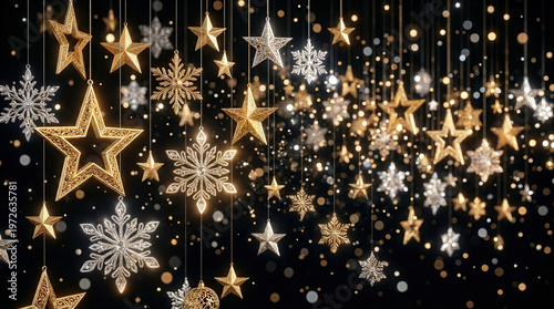 Festive Holiday Decor Photo Featuring Glittering Star and Snowflake Ornaments