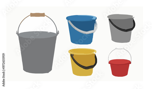 Assorted 3D Buckets Metal and Plastic Vector Illustration Mockup