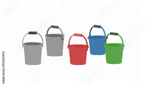 3D Metal and Plastic Buckets Vector Collection Realistic Illustration