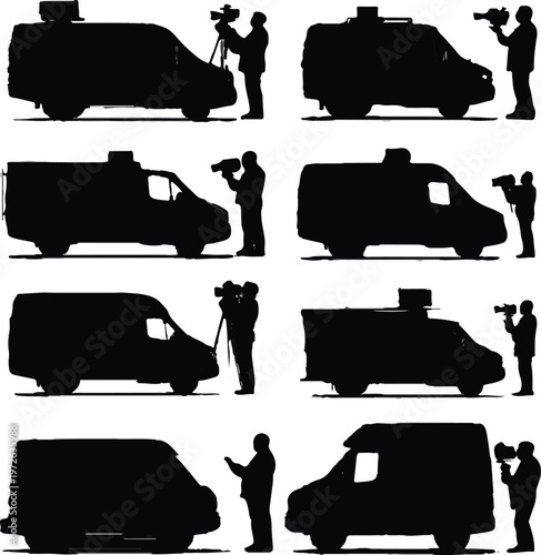 Various silhouettes of broadcast news vans and professional cameramen operating video cameras with tripods and handheld devices for media reporting and television coverage