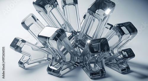 Abstract geometric crystal cluster transparent faceted structure with sharp edges rendered in 3D for science or technology concepts