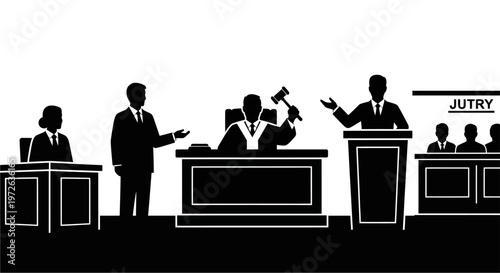 Courtroom scene with judge and jury.