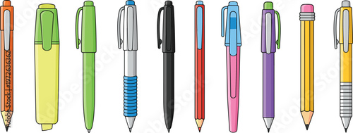 Office stationery writing tools set with pens pencils and highlighter flat vector