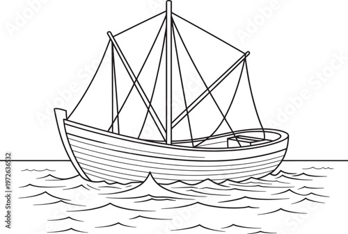 a fishing boat with broken masts on open sea water