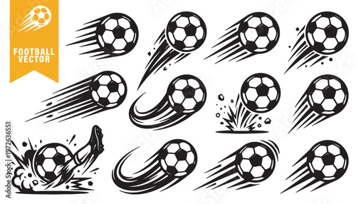 Black and white soccer balls in motion vector illustration set