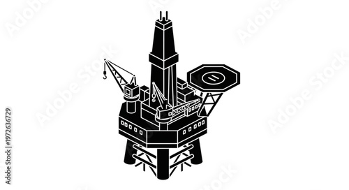 Black Silhouette Offshore Oil Rig Platform Illustration.