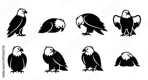 Black Stylized Eagle Icon Set Eight Poses.