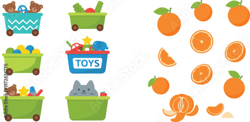 Toy storage bins and fresh orange citrus fruit vector set
