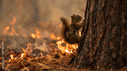 Squirrel Clinging to Tree During Forest Wildfire