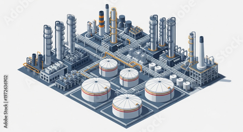 Aerial Isometric Oil Refinery Industrial Processing Complex.