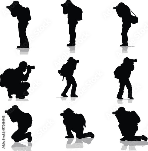 Collection of nine detailed black silhouettes depicting male photographers actively engaged in various poses while capturing images, isolated against a pristine white background with reflections