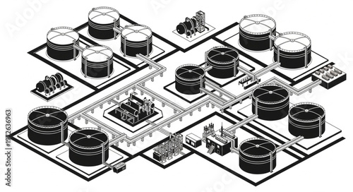 Aerial view industrial oil storage tank complex.