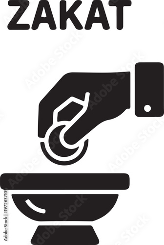 Zakat charity, hand giving money, donation icon, financial aid symbol, black vector graphic
