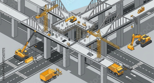 Aerial view of bridge construction site with cranes and vehicles.
