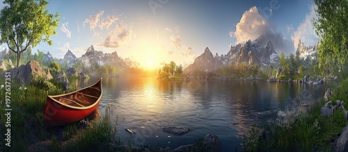 Serene Lake Sunset: Red Canoe, Snowy Mountains, and Golden Light Reflections