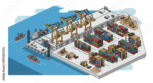 Aerial view of container port terminal with cranes.