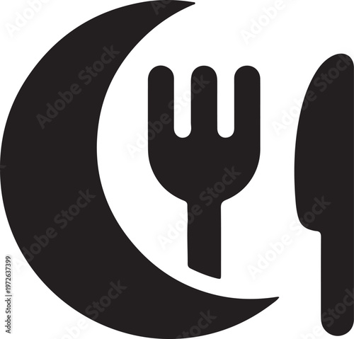 Minimalist late night dining icon, crescent moon with fork and knife vector, black silhouette restaurant logo for evening meals and supper