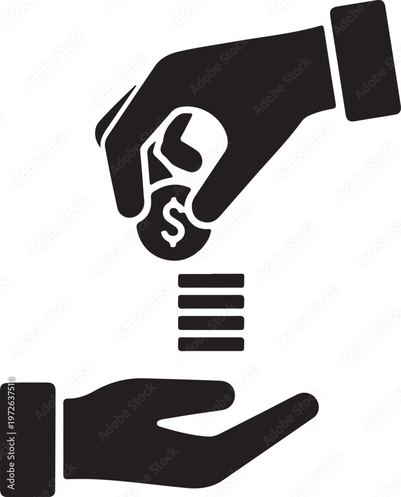 Fototapeta premium Financial donation icon vector, hand giving dollar coin to another hand, charity and investment concept, black flat silhouette symbol