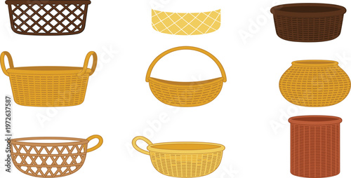 Wicker basket collection with various woven storage containers and handles flat vector set