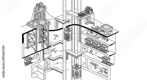 Architectural technical cutaway drawing of building systems.