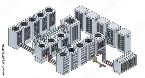 Array of Cryptocurrency Mining Hardware Racks and Units.