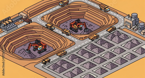 Aerial view of two open pit mining operations with heavy equipment.