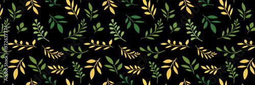 Luxury Green and Gold Leaf Seamless Pattern on Black Background